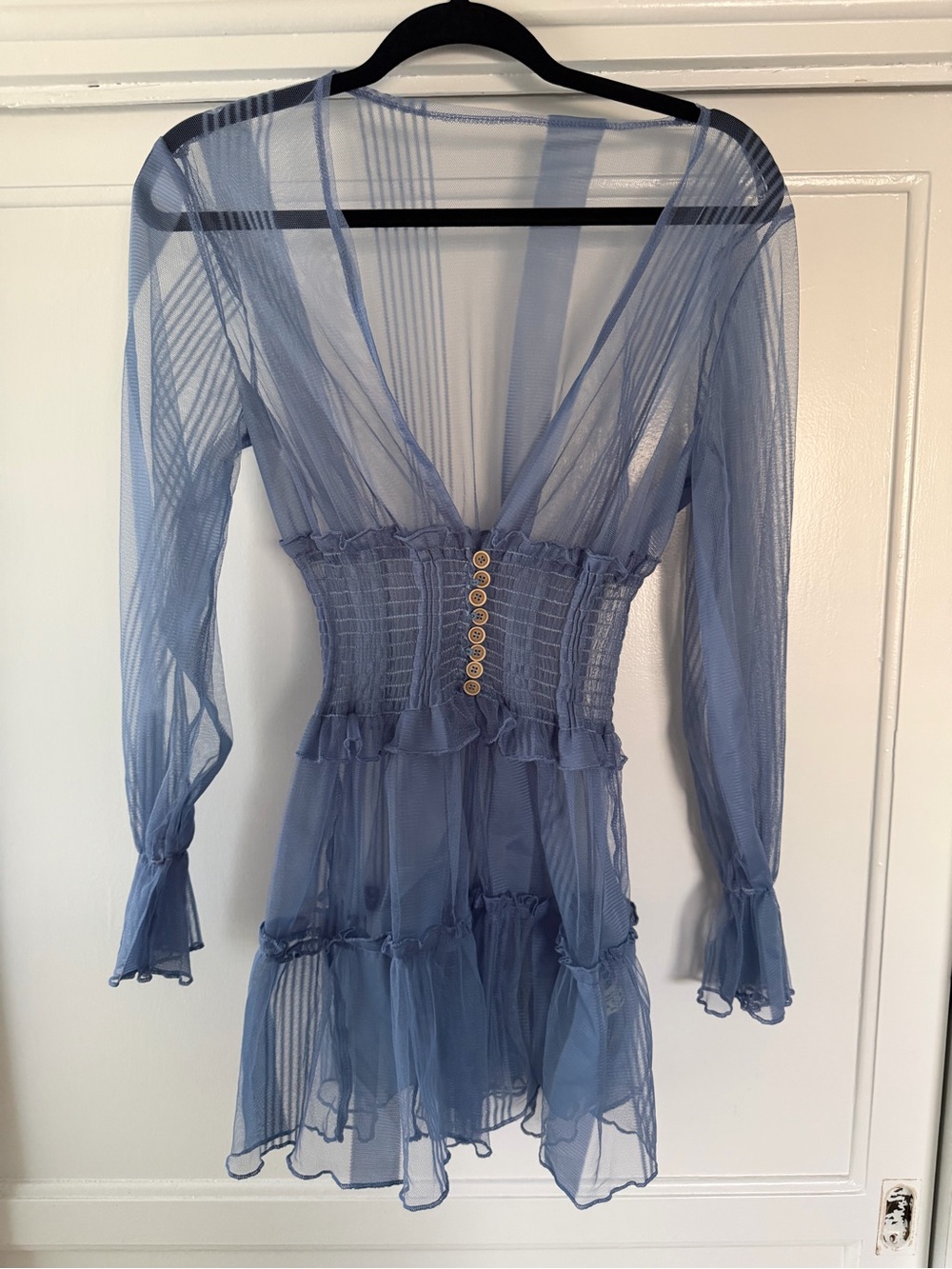 Sheer Blue Long-Sleeve Mesh Mini Dress with Smocked Waist